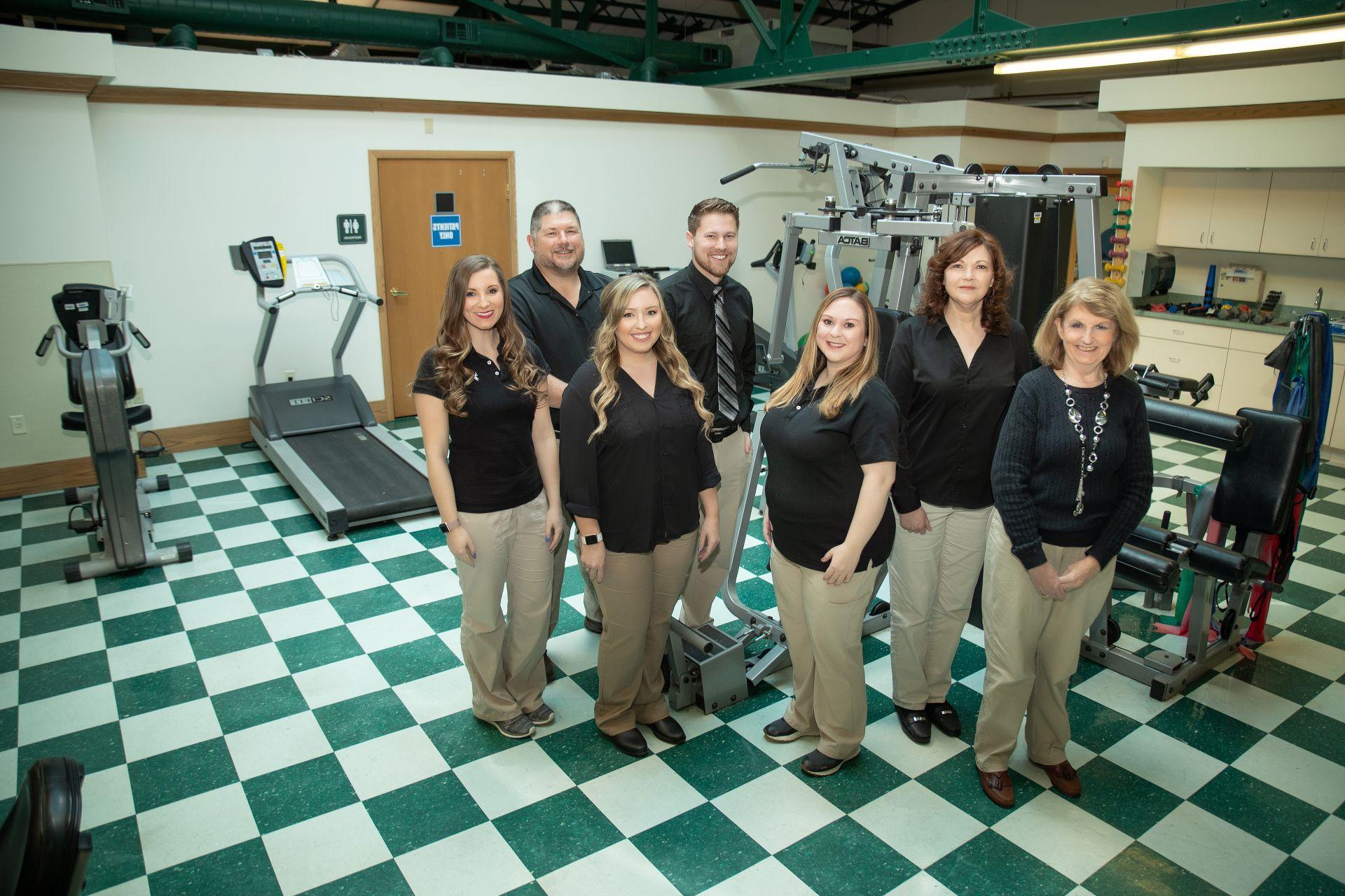Pictured left to right: Sheila Eplin, Receptionist, Jeanette Toler, PTA, Alicia Clark, SLP, Jacob Jackson, DPT, Emily Cook, DPT, Andrew Toler, Director of Outpatient Rehab, and Krysta Kemp, OT. 